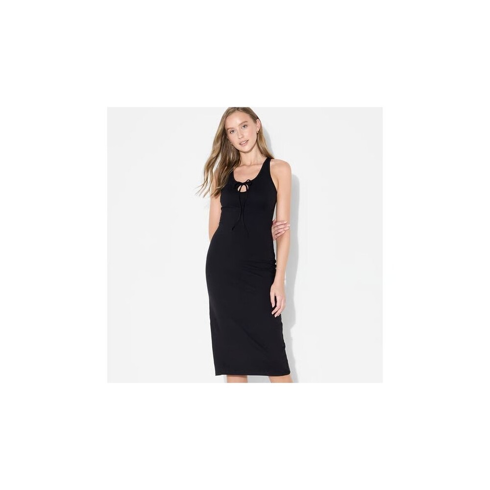 Women's Sleeveless Lace Trim Satin Midi A-Line Dress - Wild Fable Black XXS